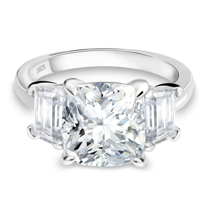 Emerald Three Stone Cushion Moissanite Engagement Ring