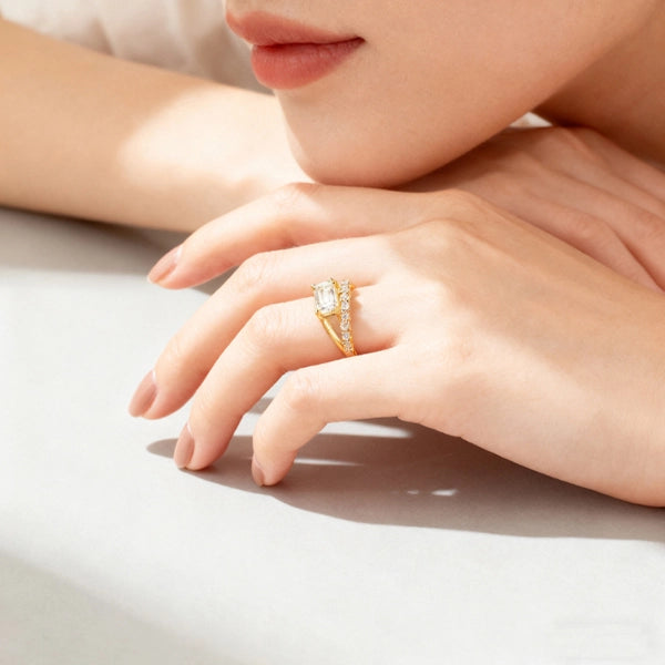 Emerald Moissanite Double Band Solitaire Ring