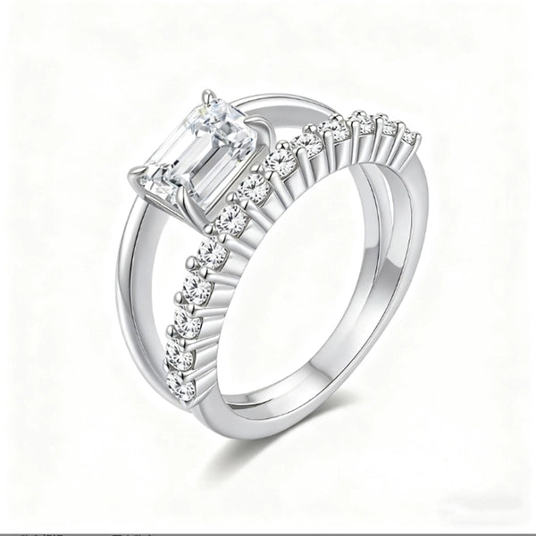 Emerald Moissanite Double Band Solitaire Ring