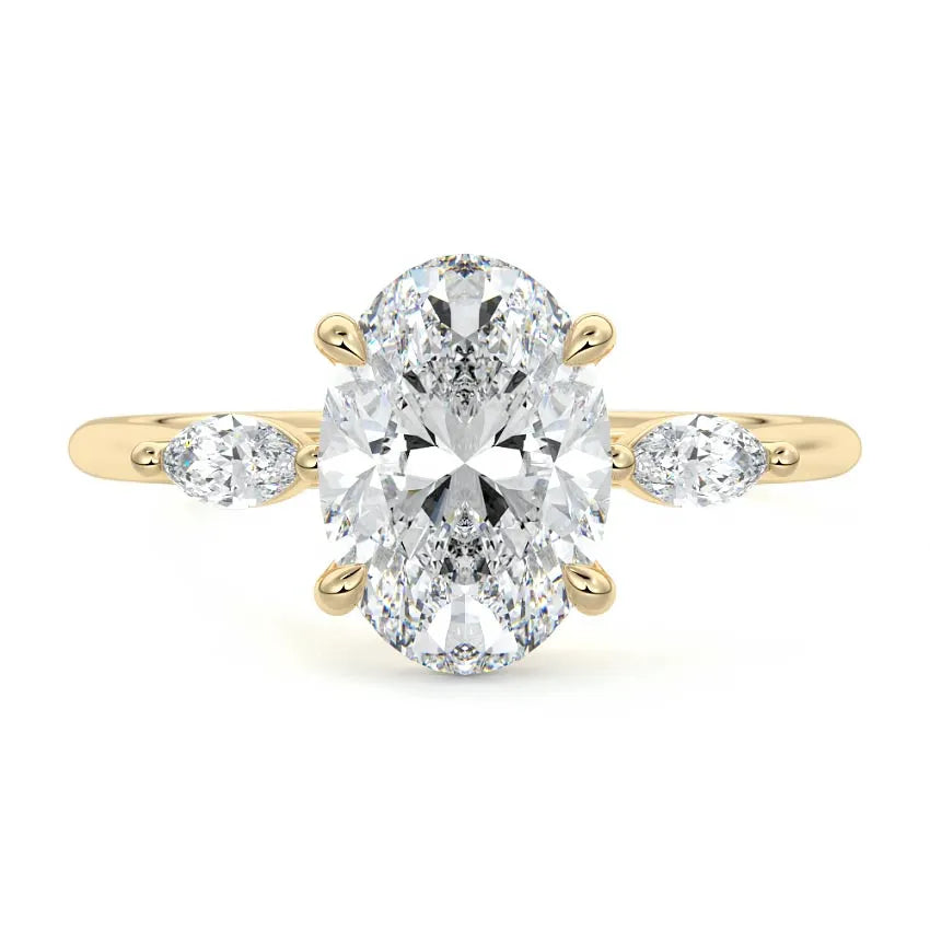 Marquise Side Three Stone Oval Moissanite Engagement Ring