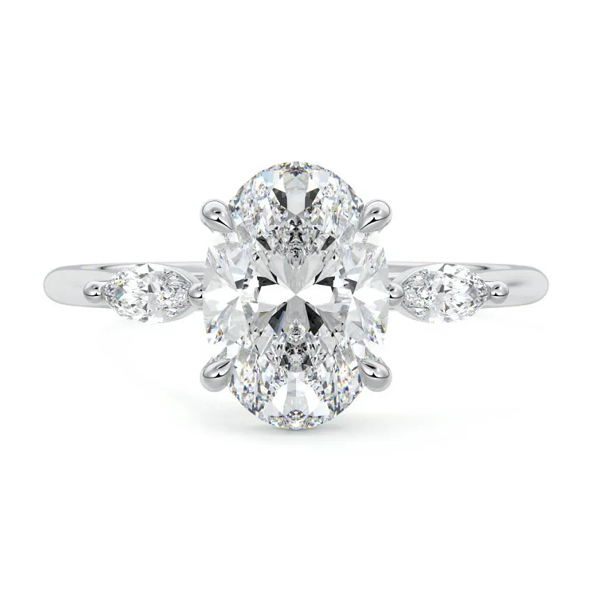 Marquise Side Three Stone Oval Moissanite Engagement Ring
