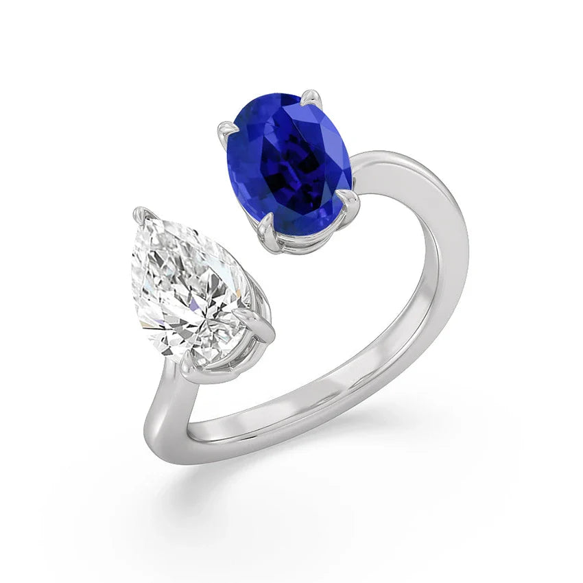 Oval Sapphire&Pear Moissanite Toi et Moi Ring