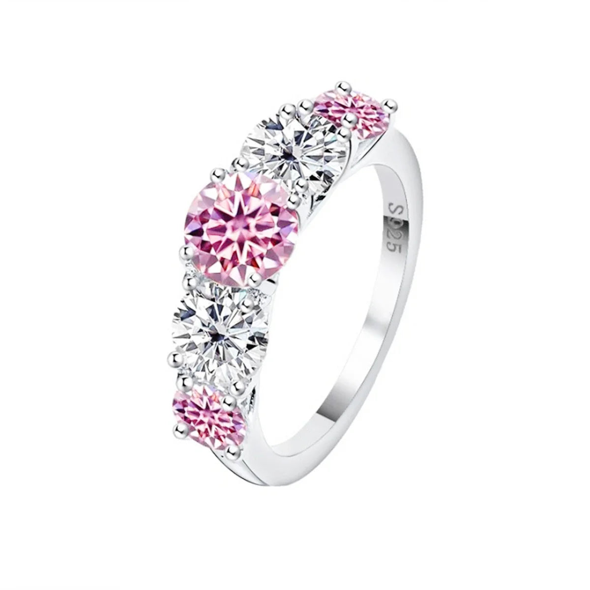 Tapered Trellis Five Stone Pink&White Moissanite Ring