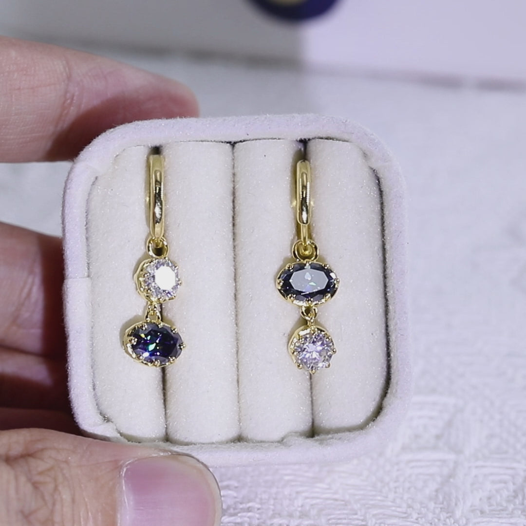 Asymmetrical Moissanite Earrings - Round Moissanite and Oval Blue Moissanite