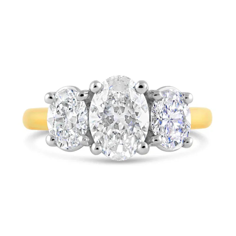 Mixed Metal Three Stone Oval Moissanite Engagement Ring 4.0 ct