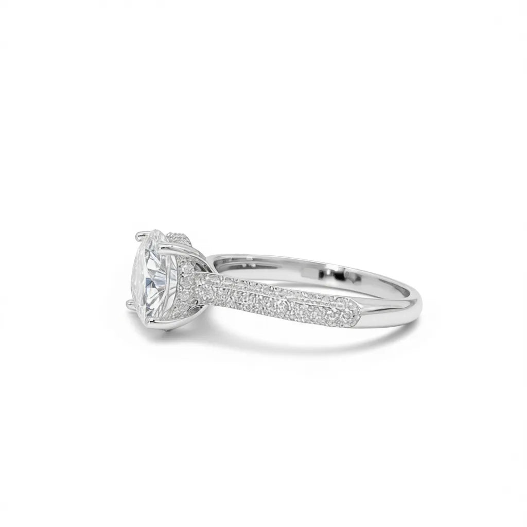 Pavé Band Hidden Halo Round Solitaire Moissanite Engagement Ring
